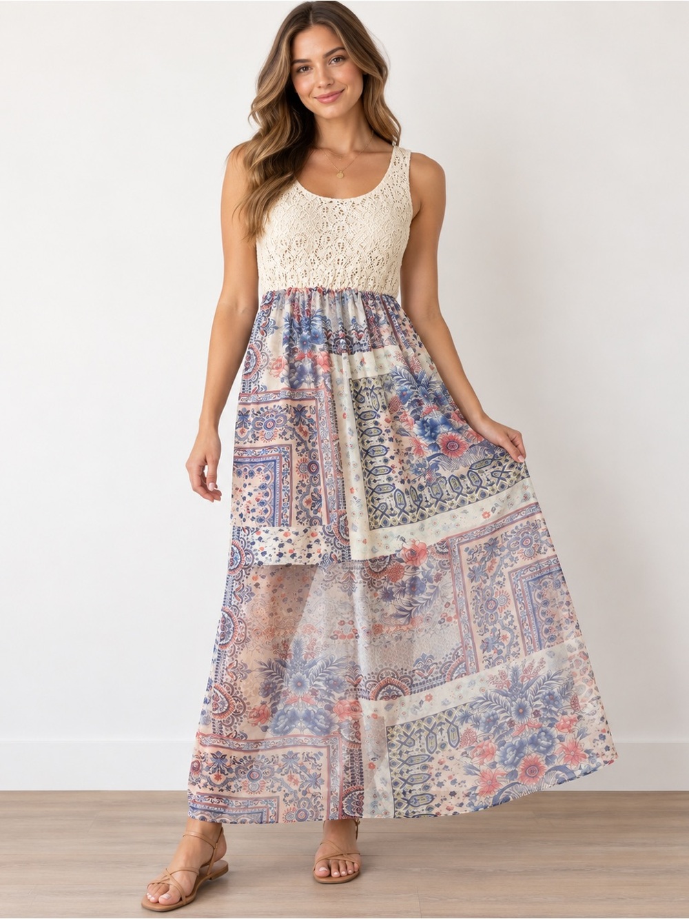 AUW Boho Crochet Lace Patchwork Floral Maxi Dress Size 10